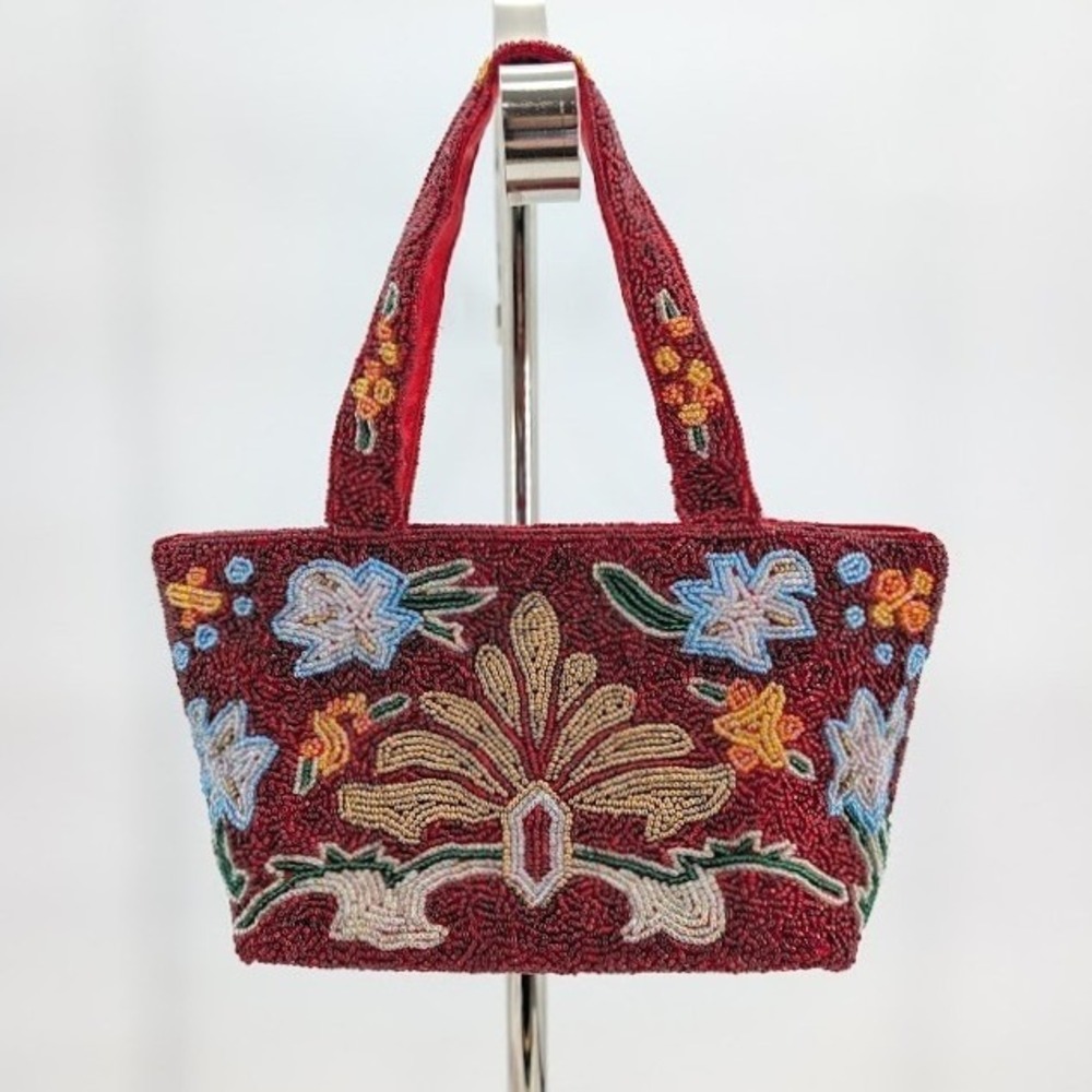 Vintage SWEE LO New York Red Seed Bead Floral Mini Tote Handbag Statement Artsy